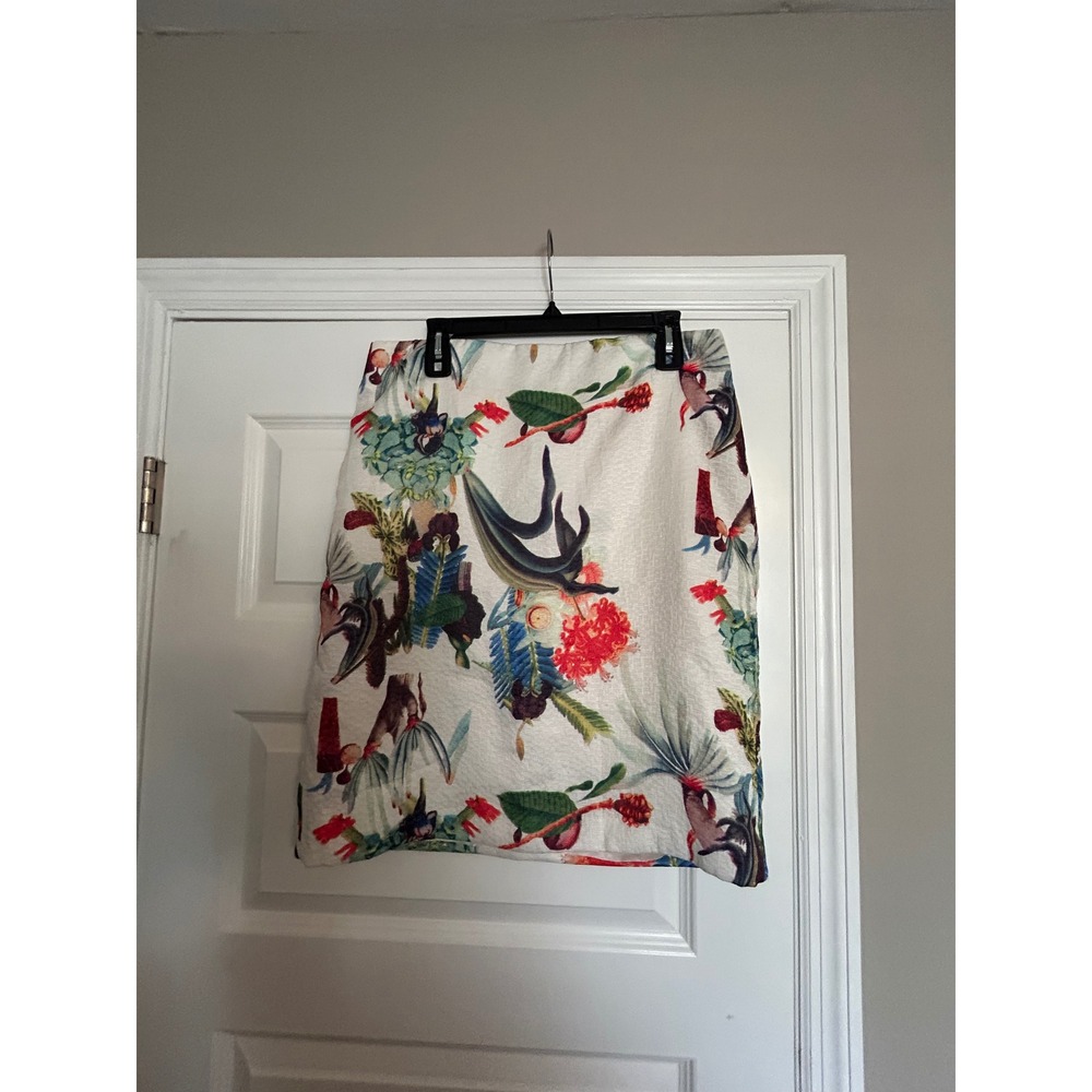 Tropical Botanical Jacquard Mini Skirt White Floral Textured Print Back Zip